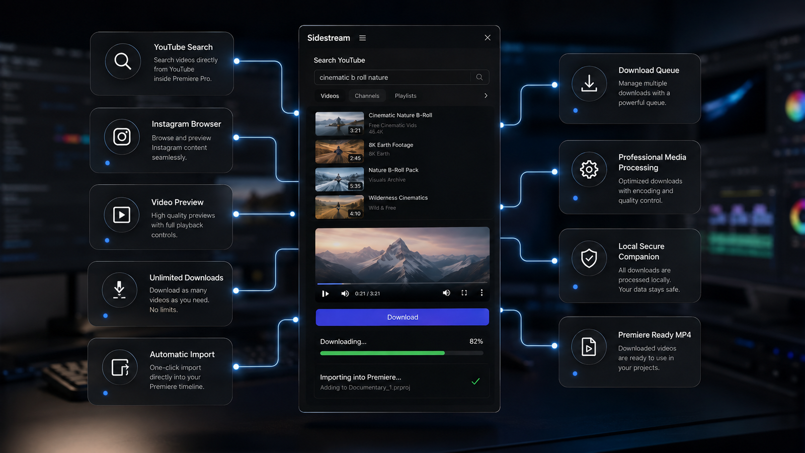 Sidestreamer panel overview showing search, queue, media processing, and local companion workflow.
