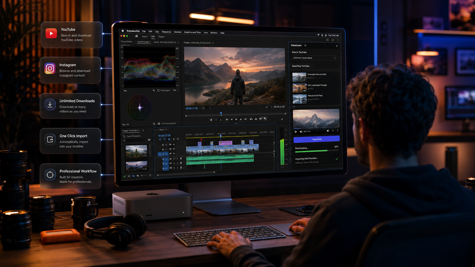 Sidestreamer in a late-night edit suite, showing YouTube and Instagram download cards beside the Premiere timeline.